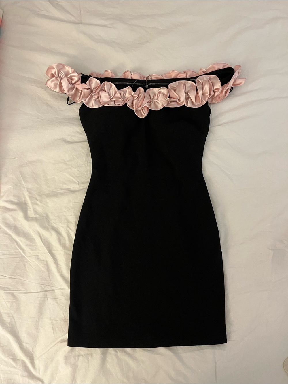Macy's Black Strapless Mini Dress with Pink Ruffle Trim